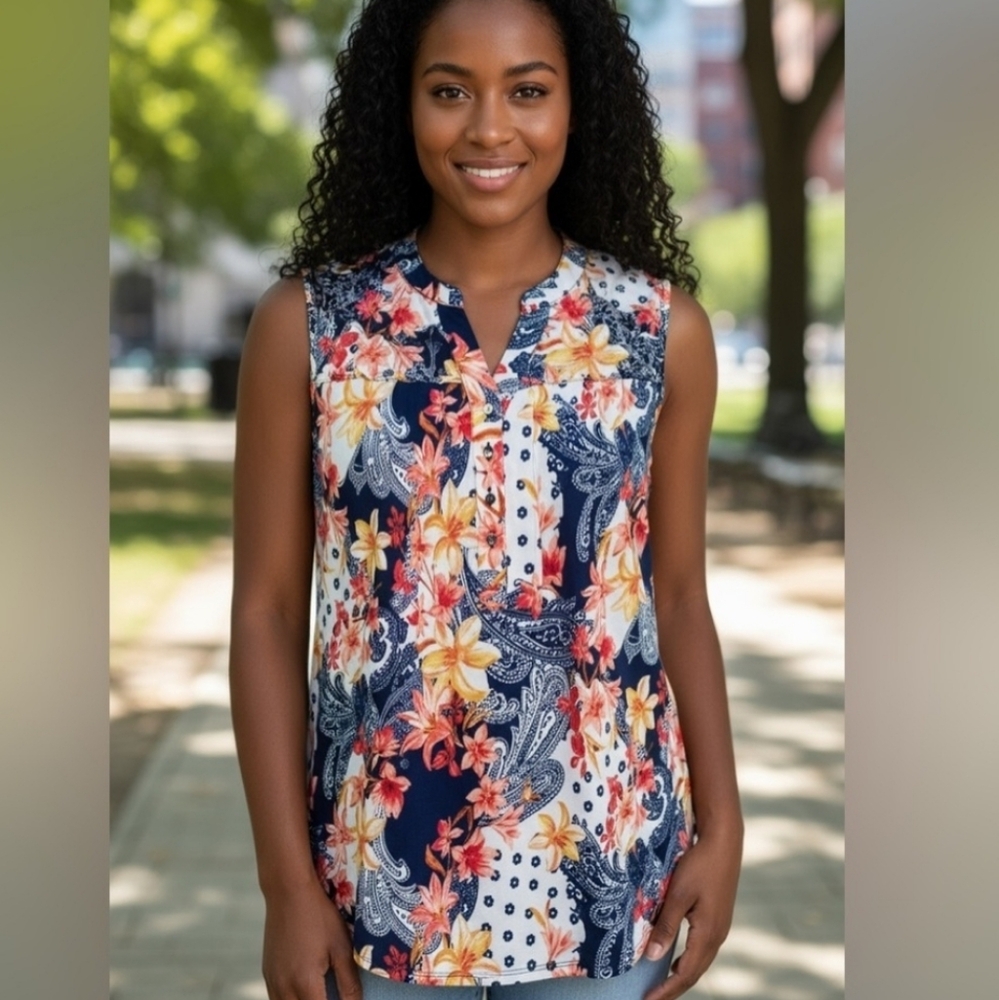 Westport Floral Sleeveless Blouse - Orange and Navy